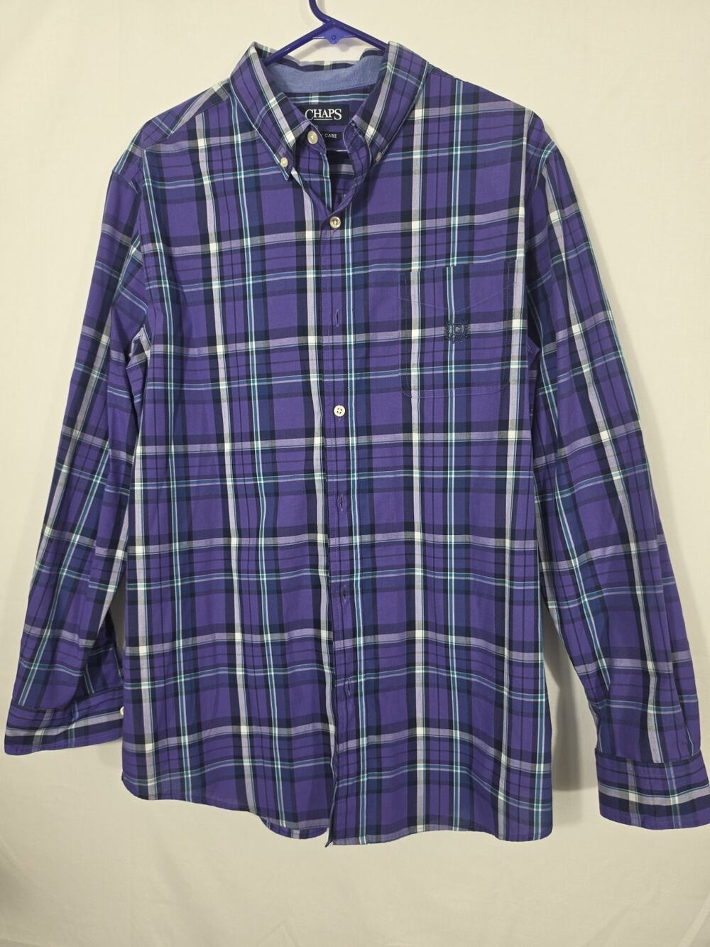 Chaps Mens Dress Shirt Easy Care Purple Plaid Size Large Long Sleeve